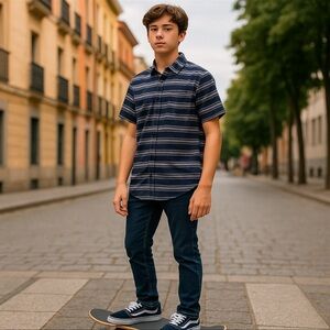 📌Vans Men’s Striped Button-Up Shirt Navy Gray Red Casual Skate Surf Style XL